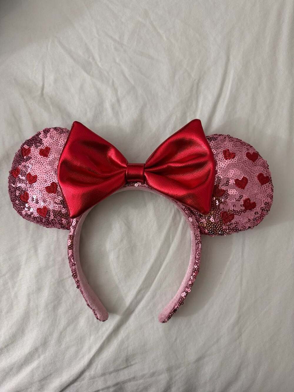 Disney Parks Valentine's Day Sequin Pink Hearts Minnie Ears Headband